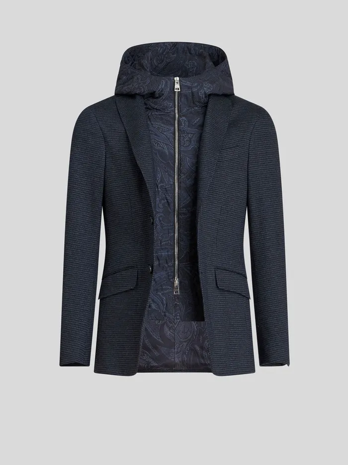 Men Etro Jackets Jacquard Blazer With Hood Navy Blue