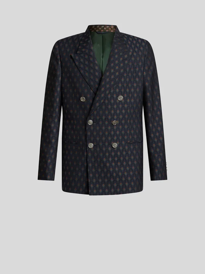 Men Etro Jackets Wool And Cotton Jacquard Blazer Navy Blue