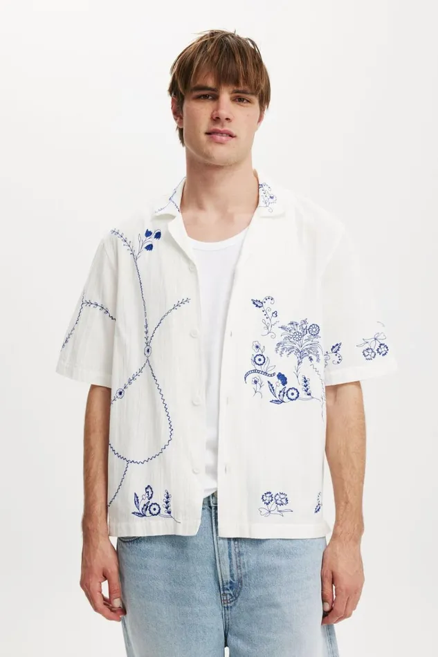 Men Shirts and Polos Cotton On Cabana Short Sleeve Shirt White Floral