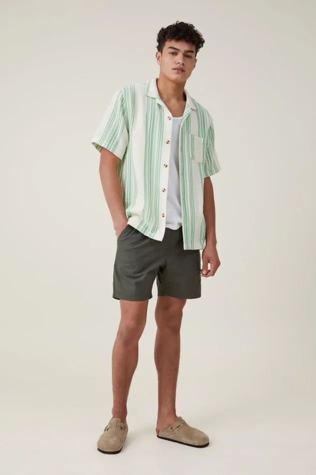 Men Shirts and Polos Cotton On Palma Short Sleeve Shirt Bright Green Stripe Men Shirts and Polos Cotton On Palma Short Sleeve Shirt Bright Green Stripe