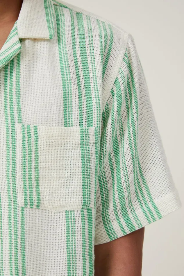Men Shirts and Polos Cotton On Palma Short Sleeve Shirt Bright Green Stripe Men Shirts and Polos Cotton On Palma Short Sleeve Shirt Bright Green Stripe