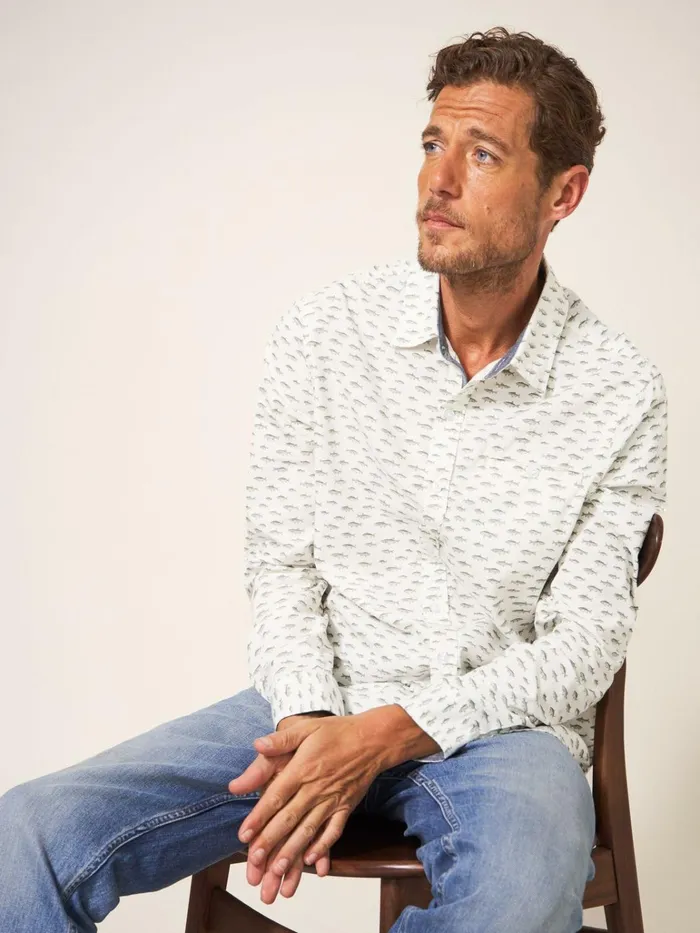Men White Stuff Shirts River Fish Printed Shirt Natural Multi