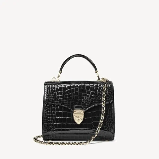 Midi Mayfair Bag Black Patent Croc Women Aspinal Of London Shoulder