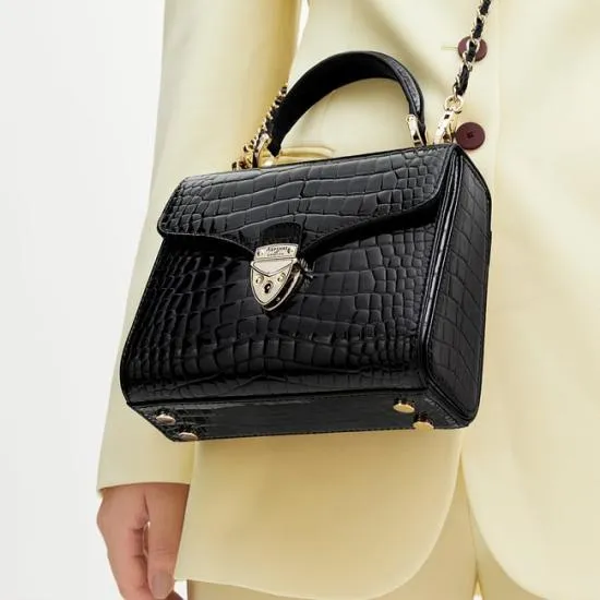 Midi Mayfair Bag Black Patent Croc Women Aspinal Of London Shoulder