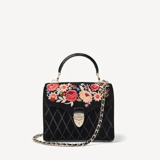 Midi Mayfair Bag Floral and Harlequin Hand Embroidery On Velvet Women Aspinal Of London Shoulder