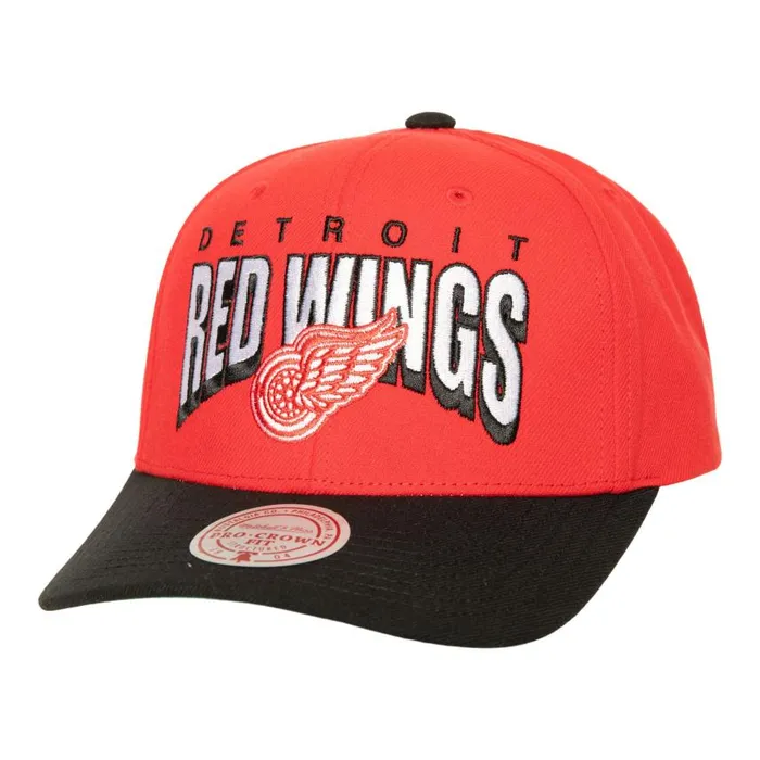 Mitchell and Ness Boom Text Pro Snapback Vntg Detroit Red Wings Men Hats and Headwear Mitchell and Ness Boom Text Pro Snapback Vntg Detroit Red Wings Men Hats and Headwear