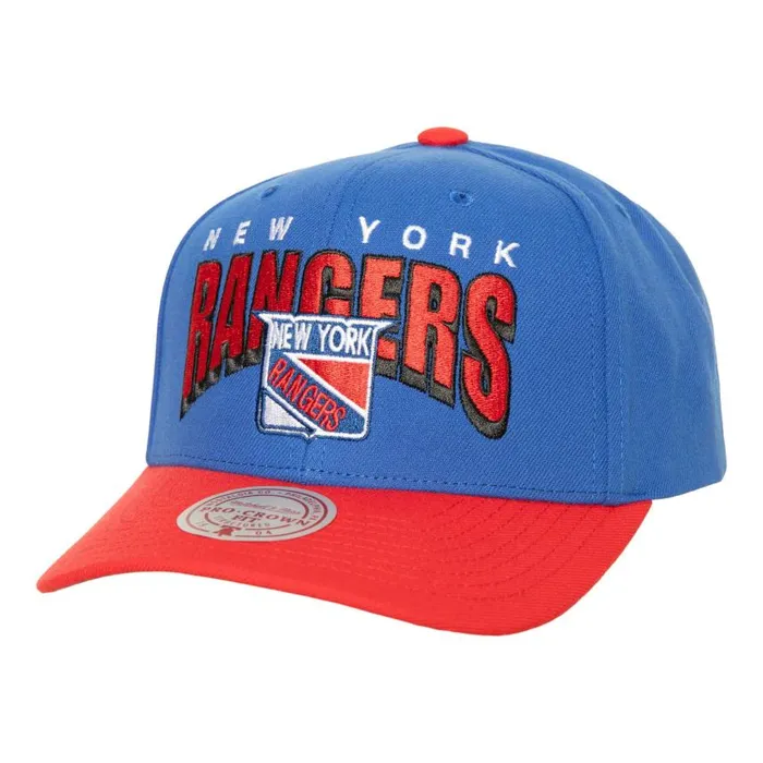 Mitchell and Ness Boom Text Pro Snapback Vntg New York Rangers Men Hats and Headwear Mitchell and Ness Boom Text Pro Snapback Vntg New York Rangers Men Hats and Headwear