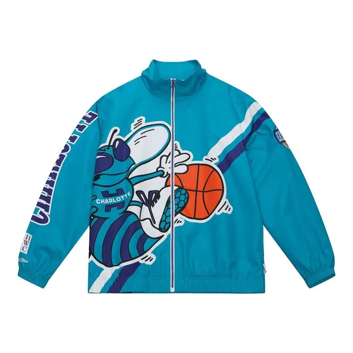 Mitchell and Ness Exploded Logo Warm Up Jacket Charlotte Hornets Men Jackets and Outerwear Mitchell and Ness Exploded Logo Warm Up Jacket Charlotte Hornets Men Jackets and Outerwear