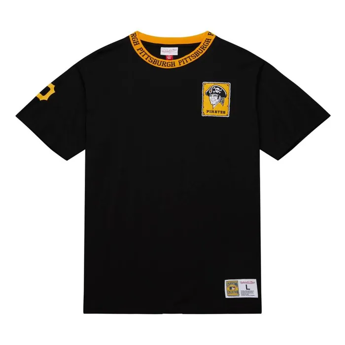 Mitchell and Ness Jacquard Ringer SS Tee Vintage Logo Pittsburgh Pirates Men TShirts and Tops Mitchell and Ness Jacquard Ringer SS Tee Vintage Logo Pittsburgh Pirates Men TShirts and Tops