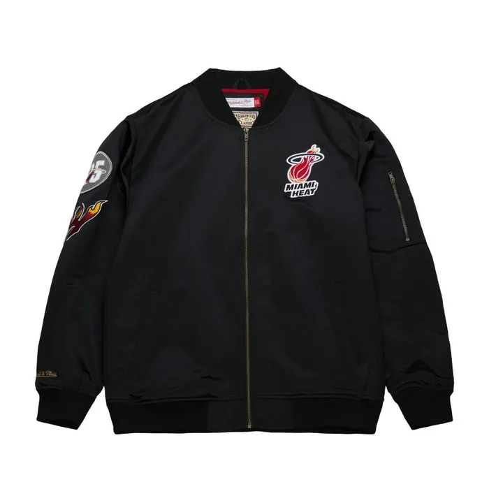 Mitchell and Ness Lightweight Satin Bomber Vintage Logo Miami Heat Men Jackets and Outerwear Mitchell and Ness Lightweight Satin Bomber Vintage Logo Miami Heat Men Jackets and Outerwear