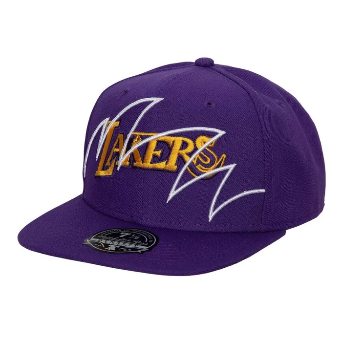 Mitchell and Ness Shark Bite Fitted HWC Hat Los Angeles Lakers Men Hats and Headwear Mitchell and Ness Shark Bite Fitted HWC Hat Los Angeles Lakers Men Hats and Headwear