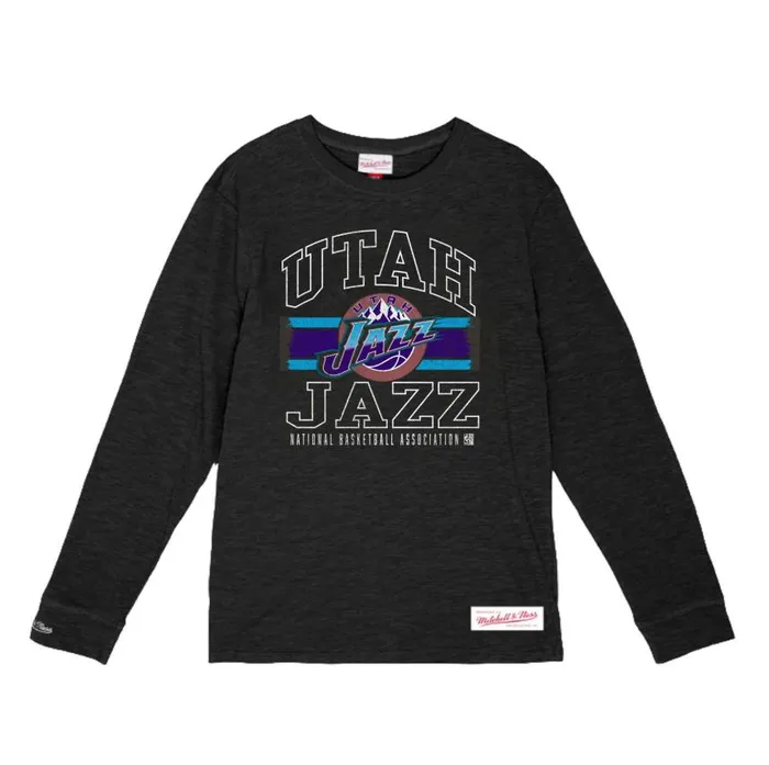 Mitchell and Ness Striped Logo Lockup Slub Utah Jazz Men TShirts and Tops