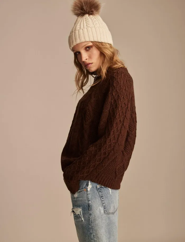 Mixed Cable Crew Pullover Sweater Chocolate Torte Women Lucky Brand Sweaters and Sweatshirts