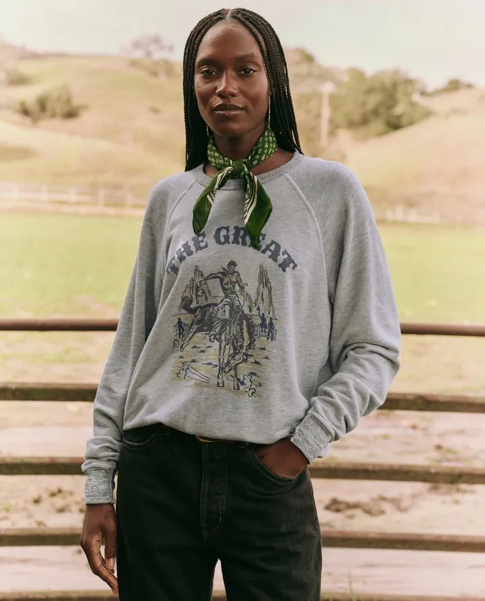 Novelty Tees and Sweats Women The Great The College Sweatshirt Graphic Soft Heather Grey With Rodeo Graphi