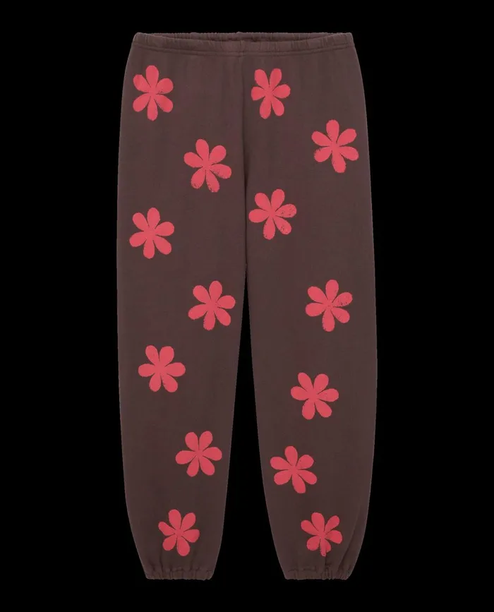 Novelty Tees and Sweats Women The Great The Hand Stamped Stadium Sweatpant Mocha With Hot Red Daisy Novelty Tees and Sweats Women The Great The Hand Stamped Stadium Sweatpant Mocha With Hot Red Daisy