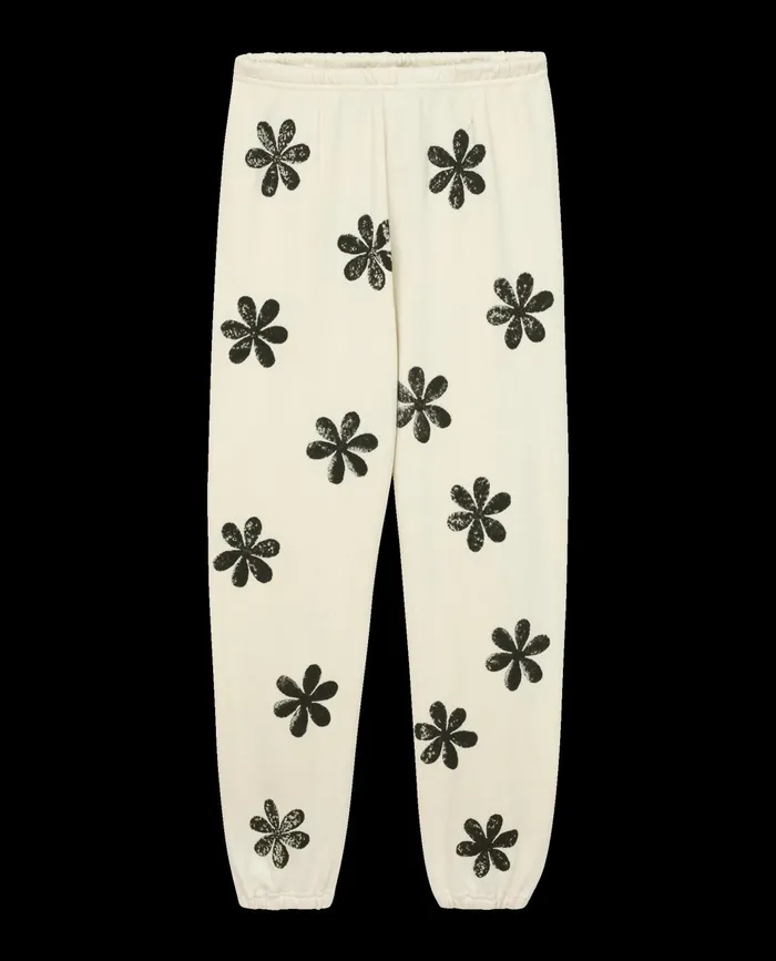 Novelty Tees and Sweats Women The Great The Hand Stamped Stadium Sweatpant Washed White With Black Daisy Novelty Tees and Sweats Women The Great The Hand Stamped Stadium Sweatpant Washed White With Black Daisy