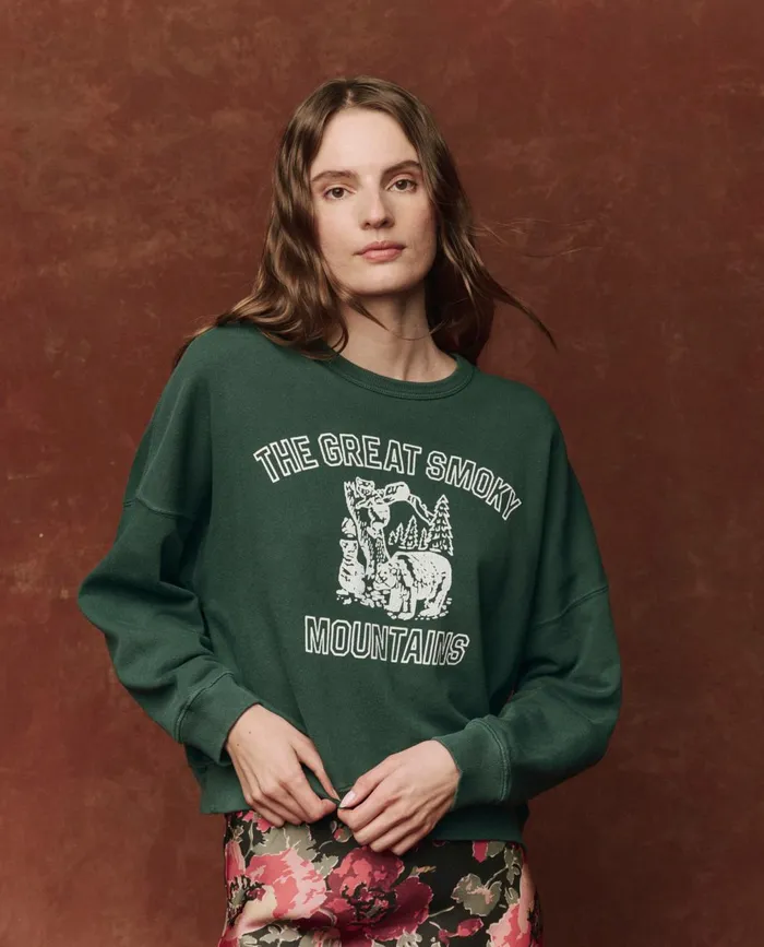 Novelty Tees and Sweats Women The Great The Teammate Sweatshirt Graphic Winter Pine With Great Smoky Mount
