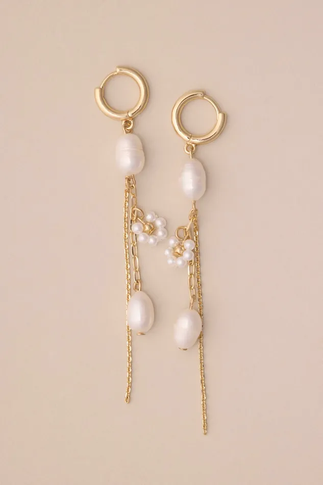 Pearl Chain Hoop Fringe Earring Gold Women Lucky Brand Jewelry