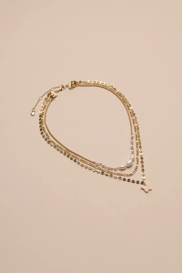 Pearl Layer Etched Butterfly Necklace Gold Women Lucky Brand Jewelry