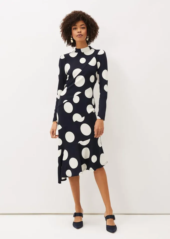 Phase Eight Dresses Gabi Spot Print Asymmetric Hem Dress Navyivory 8211 Women