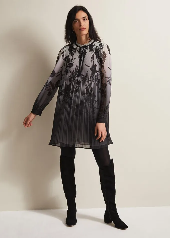 Phase Eight Dresses Sally Floral Pleated Swing Mini Dress Grey 8211 Women