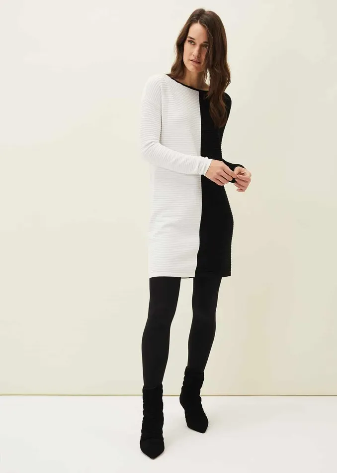 Phase Eight Knitwear Sherrie Ribbed Colourblock Knit Tunic Dress Blackivory 8211 Women