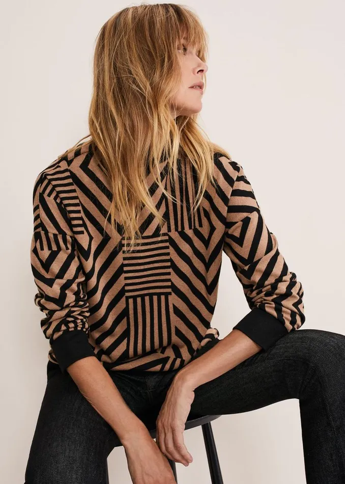 Phase Eight Tops and TShirts Renatta Patched Geo Jacquard Top Camelblack 8211 Women