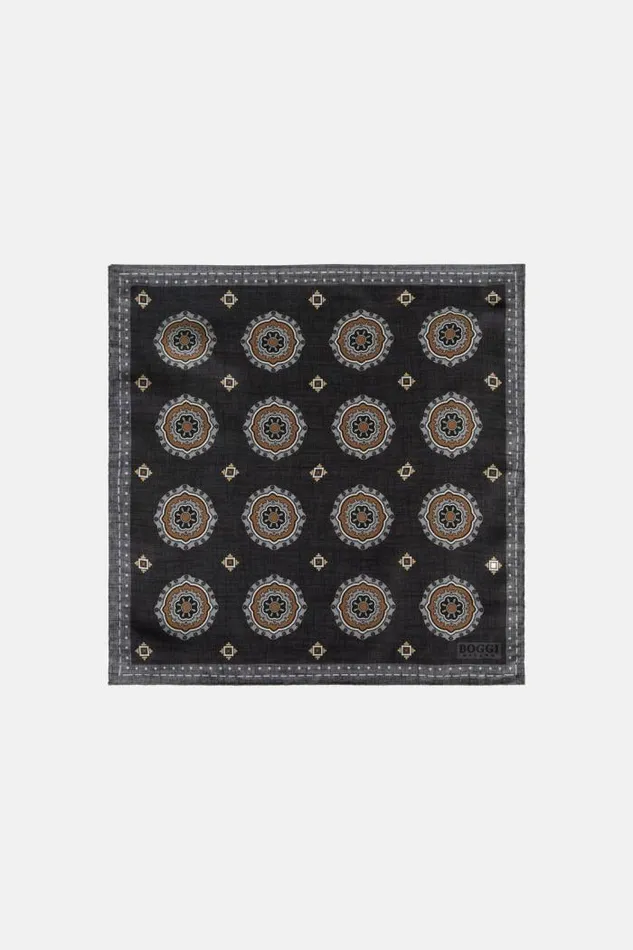 Pocket Squares Men Boggi Milano Silk Pocket Square With Medalions Motif Dark Grey Pocket Squares Men Boggi Milano Silk Pocket Square With Medalions Motif Dark Grey