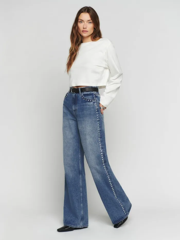 Reformation Jeans Cary High Rise Slouchy Wide Leg Jeans Chesapeake Studded 8211 Women Reformation Jeans Cary High Rise Slouchy Wide Leg Jeans Chesapeake Studded 8211 Women