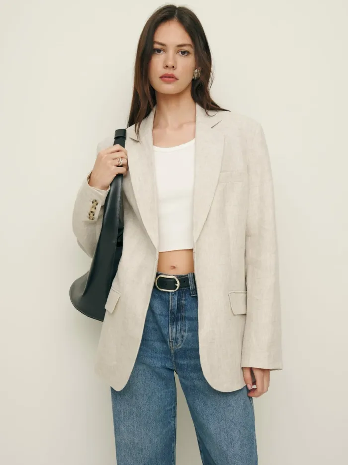 Reformation Outerwear Drew Oversized Linen Blazer Oatmeal 8211 Women