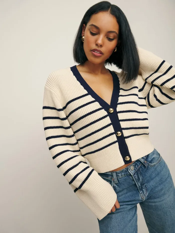 Reformation Sweaters Cordelia Cotton Cardigan Gossamer And Navy 8211 Women