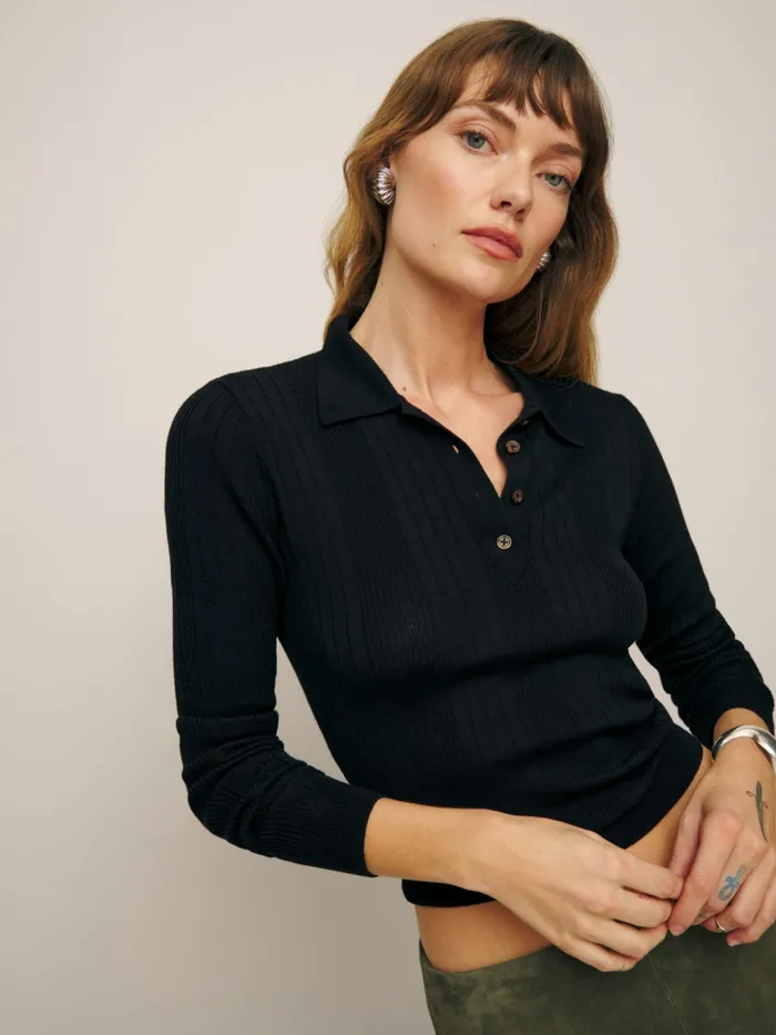 Reformation Sweaters Hermia Regenerative Merino Polo Black 8211 Women