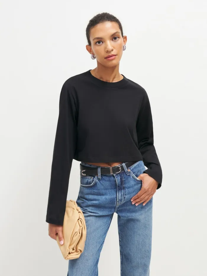 Reformation Tops Becca Relaxed Long Sleeve Cropped Tee Black 8211 Women