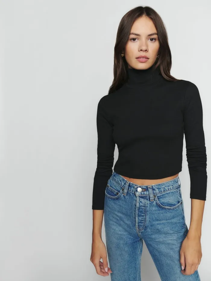 Reformation Tops Davy Cropped Ribbed Turtleneck Tee Black 8211 Women