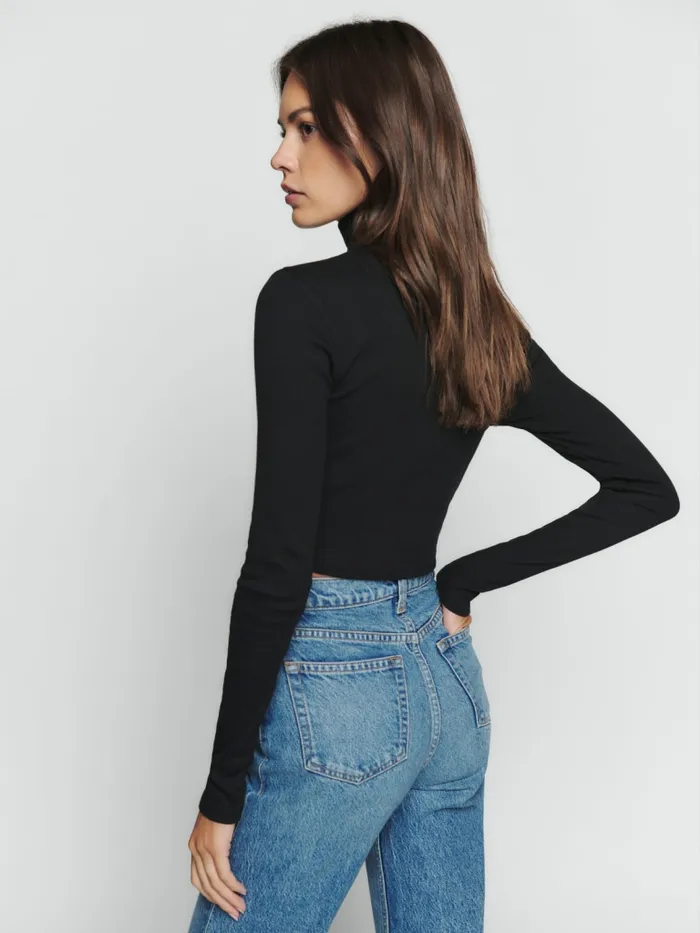 Reformation Tops Davy Cropped Ribbed Turtleneck Tee Black 8211 Women