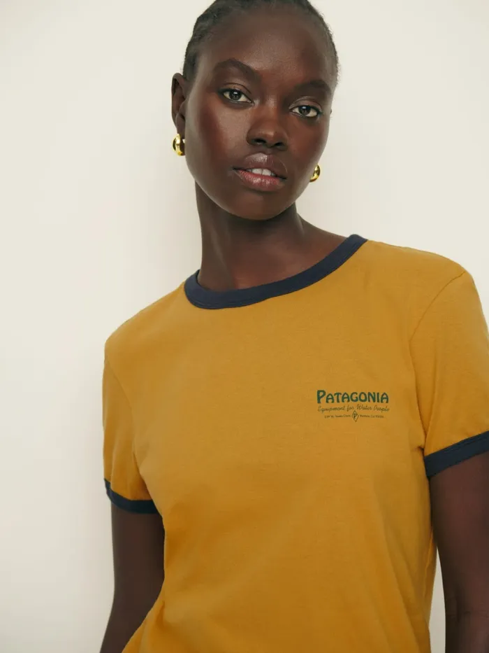 Reformation Tops Patagonia W039s Water People Organic Ringer Tee Water People Gator Pufferfish Gold 8211 Women