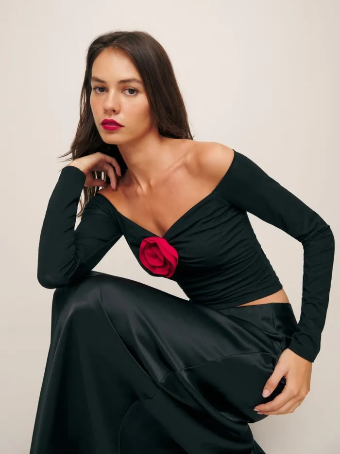 Reformation Tops Shaye Knit Top Black And Red 8211 Women