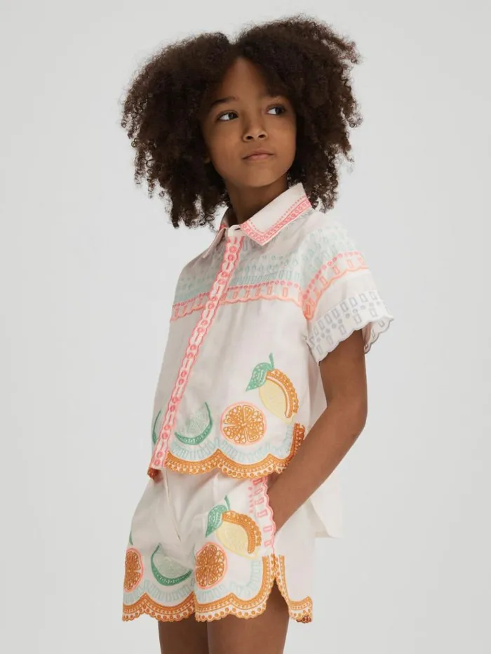 REISS CoOrds Children Cotton Broderie Shirt Ivory Print