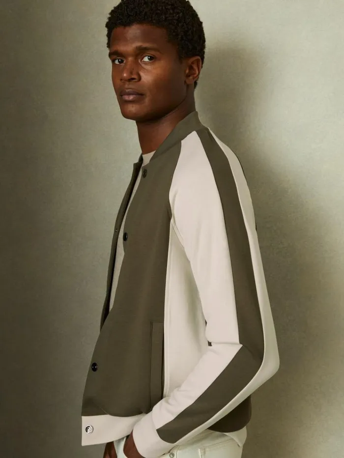 REISS Coats and Jackets Men Colourblock Jersey Varsity Jacket Sage Greenoff White REISS Coats and Jackets Men Colourblock Jersey Varsity Jacket Sage Greenoff White
