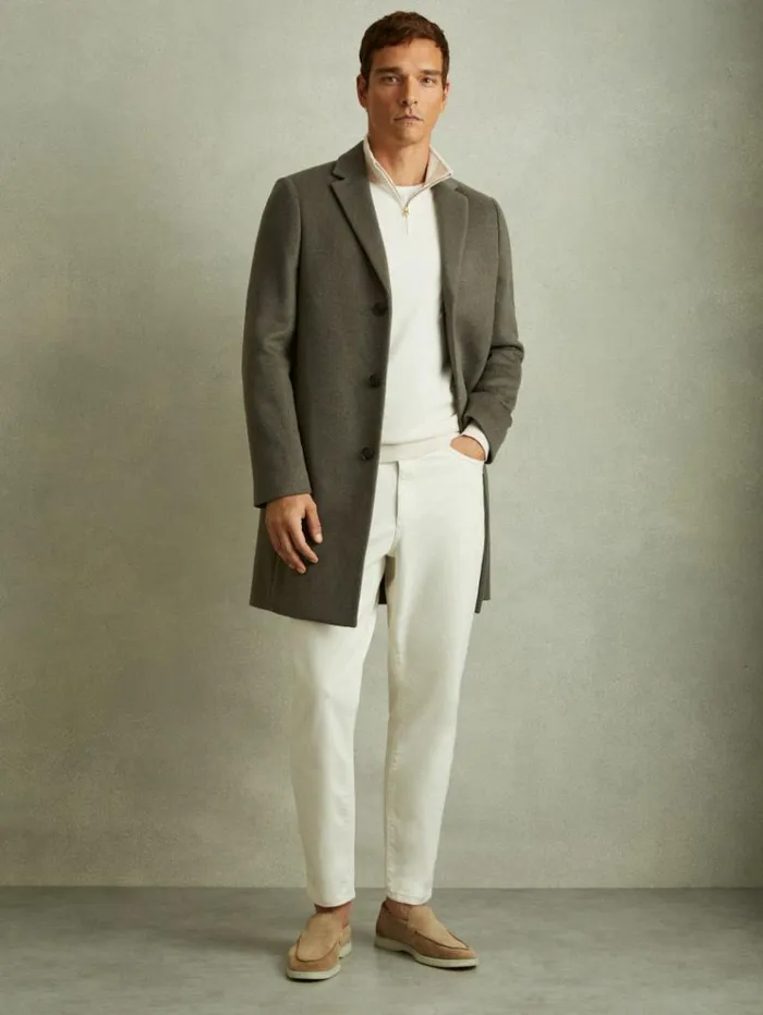 REISS Coats and Jackets Men Wool Blend Single Breasted Epsom Overcoat Green Smoke REISS Coats and Jackets Men Wool Blend Single Breasted Epsom Overcoat Green Smoke