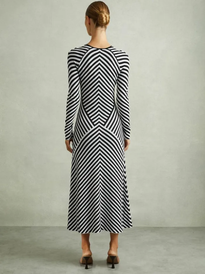REISS Dresses Women Knitted Striped Midi Dress Blackivory