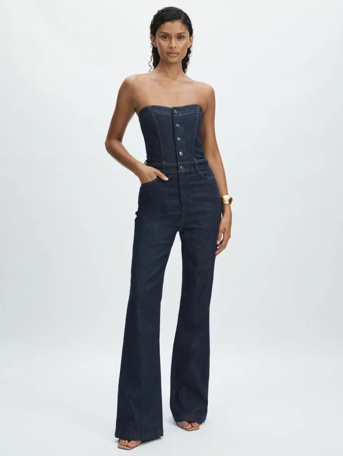 REISS Jumpsuits and Rompers Women Paige Stretch Cotton Denim Bustier Jumpsuit Calix Blue REISS Jumpsuits and Rompers Women Paige Stretch Cotton Denim Bustier Jumpsuit Calix Blue