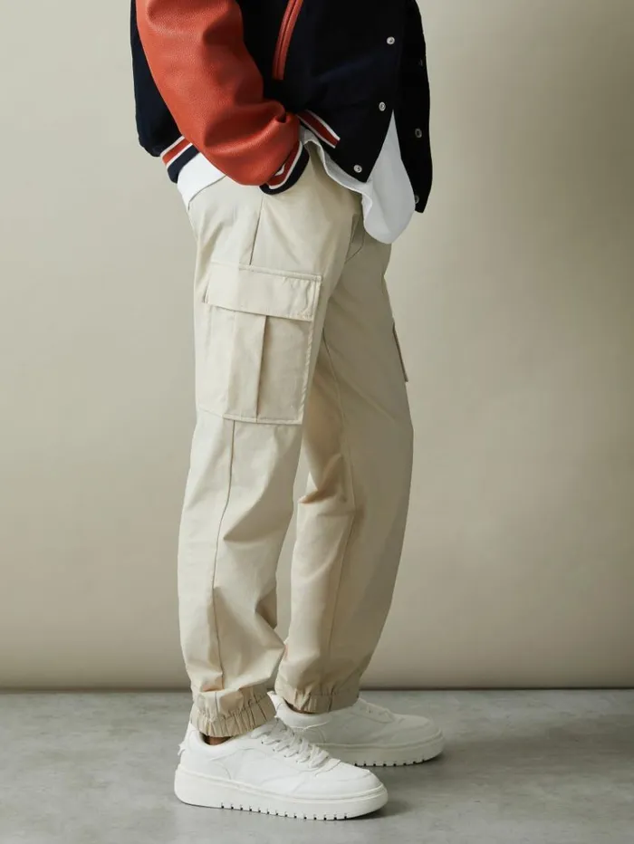 REISS Pants Children Technical Drawstring Cuffed Cargo Trousers Stone