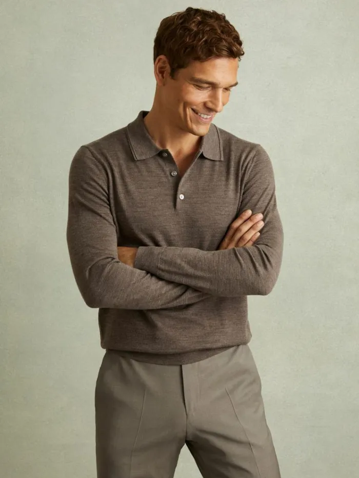 REISS Polo Shirts Men Merino Wool Polo Shirt Dark Brown Melange