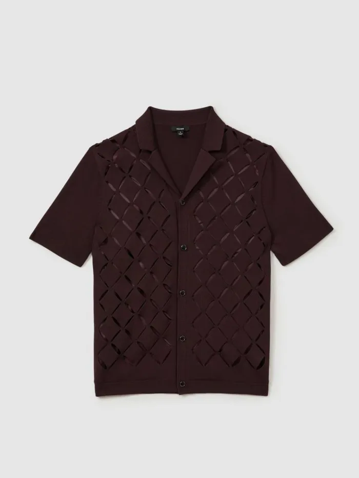 REISS Shirts Men Laser CutOut Cuban Collar Shirt Bordeaux