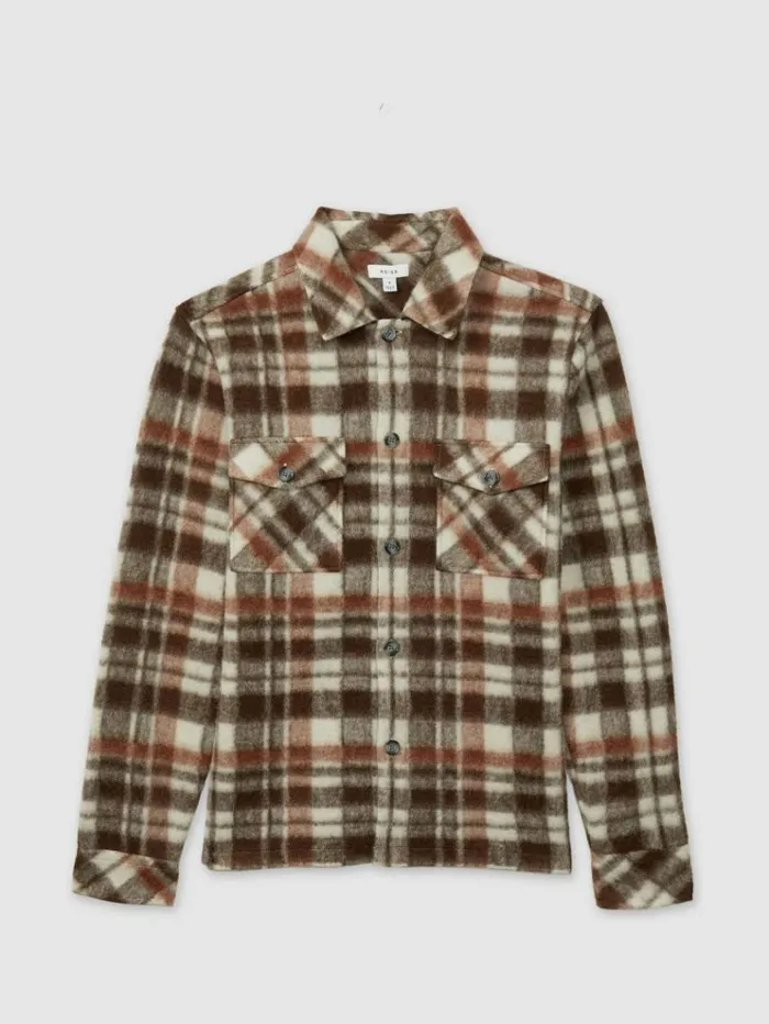 REISS Shirts Men PatchPocket Checked Overshirt Brown
