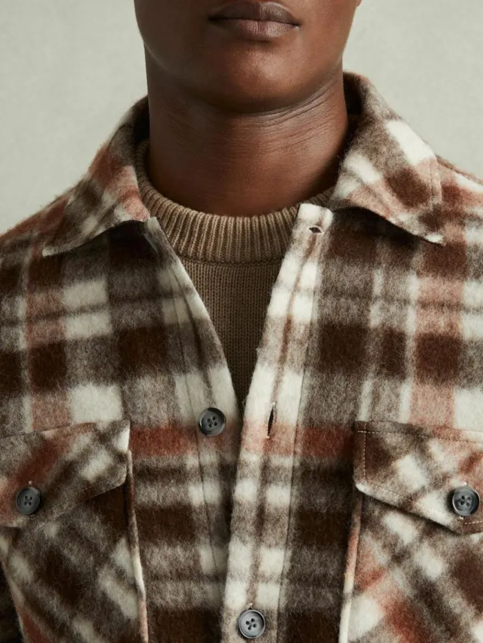 REISS Shirts Men PatchPocket Checked Overshirt Brown