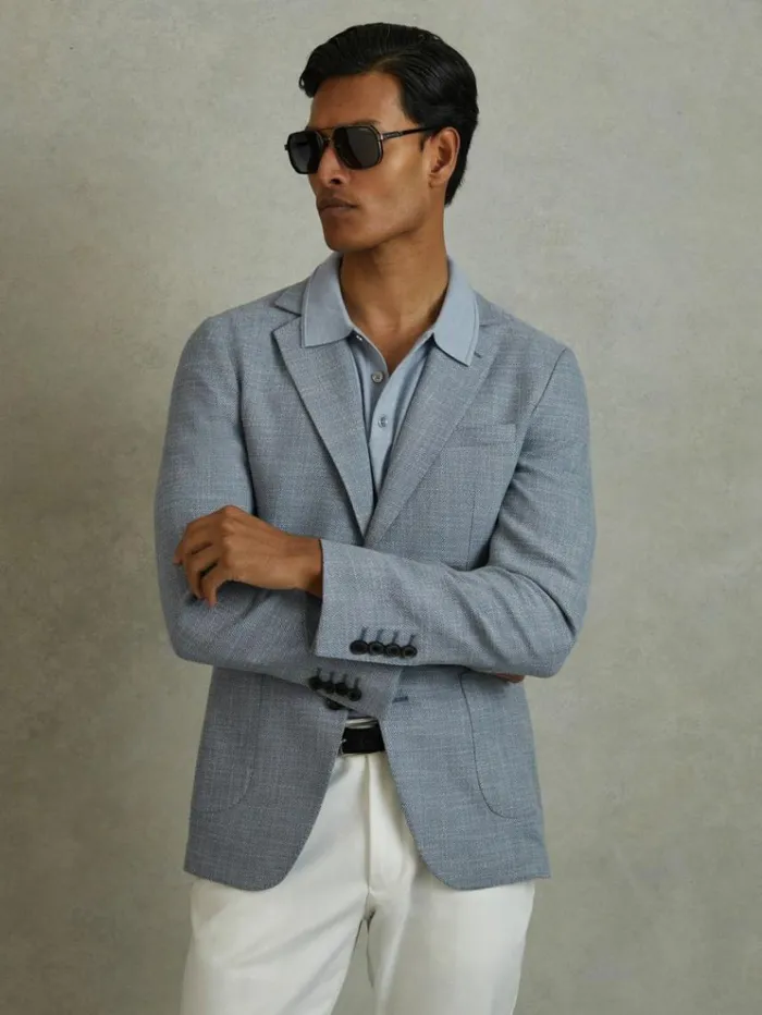 REISS Suits and Tailoring Men Single Breasted Blazer With Cotton Soft Blue