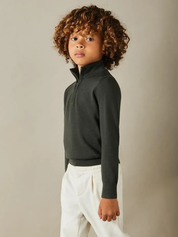 REISS Sweaters Children Merino Wool HalfZip Funnel Neck Jumper Dark Military Green