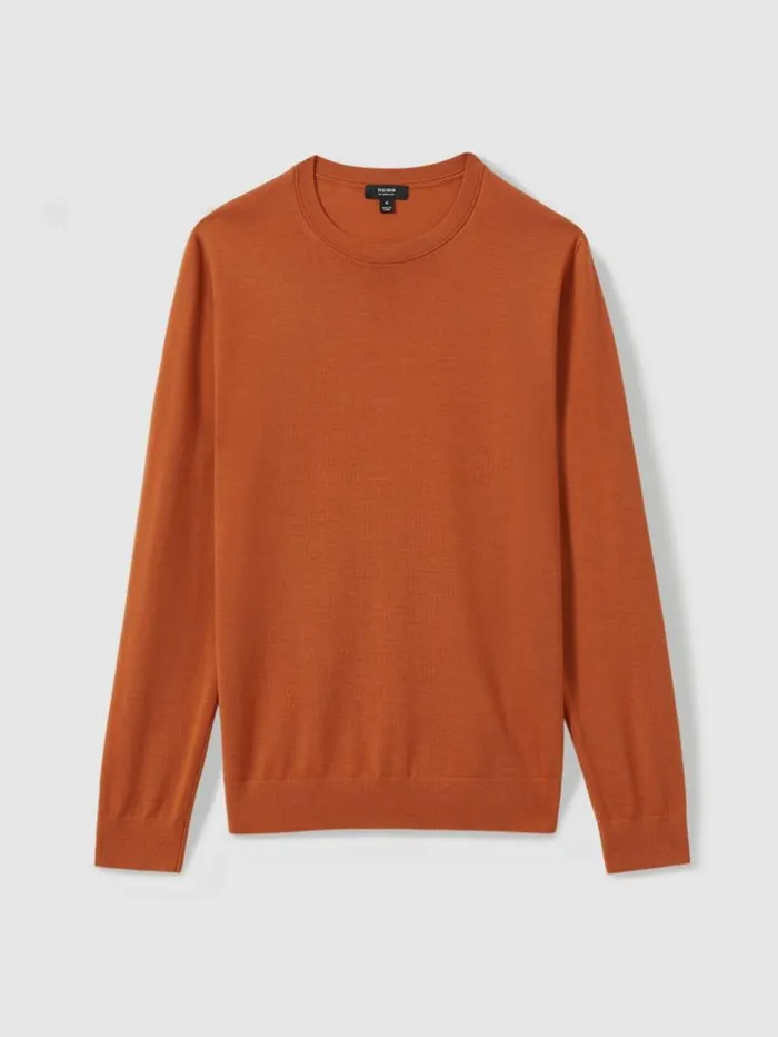 REISS Sweaters Men Merino Wool Crew Neck Jumper Hot Orange